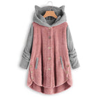 Cat Print Long Hoodies Sweatshirt Women Fleece Warm Button Pocket Pullovers Cat Ear Plus Size Hoodie Top Blouse Sweat Femme