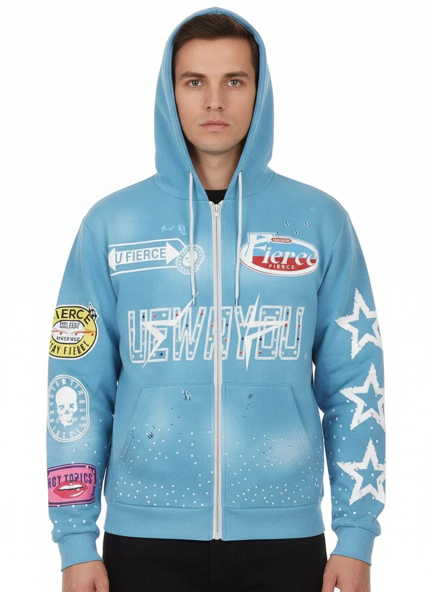 Full-printed Hooded Zipper Sweatshirt with Star Letters Loose and Casual Cardigan for Men
