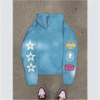 Full-printed Hooded Zipper Sweatshirt with Star Letters Loose and Casual Cardigan for Men