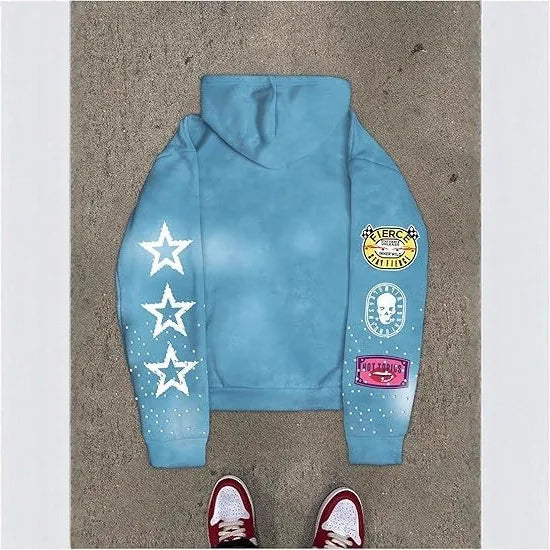 Full-printed Hooded Zipper Sweatshirt with Star Letters Loose and Casual Cardigan for Men