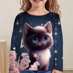 Girls Clothes for Kid Long Sleeve T-Shirt Children from 9 to 12 Years Cute Cartoon Cat Animal Printed Polyester Autumn Tee Shirt
