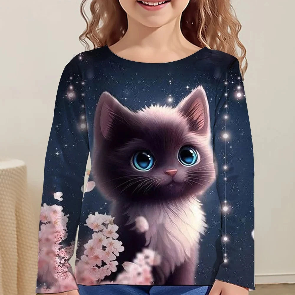 Girls Clothes for Kid Long Sleeve T-Shirt Children from 9 to 12 Years Cute Cartoon Cat Animal Printed Polyester Autumn Tee Shirt