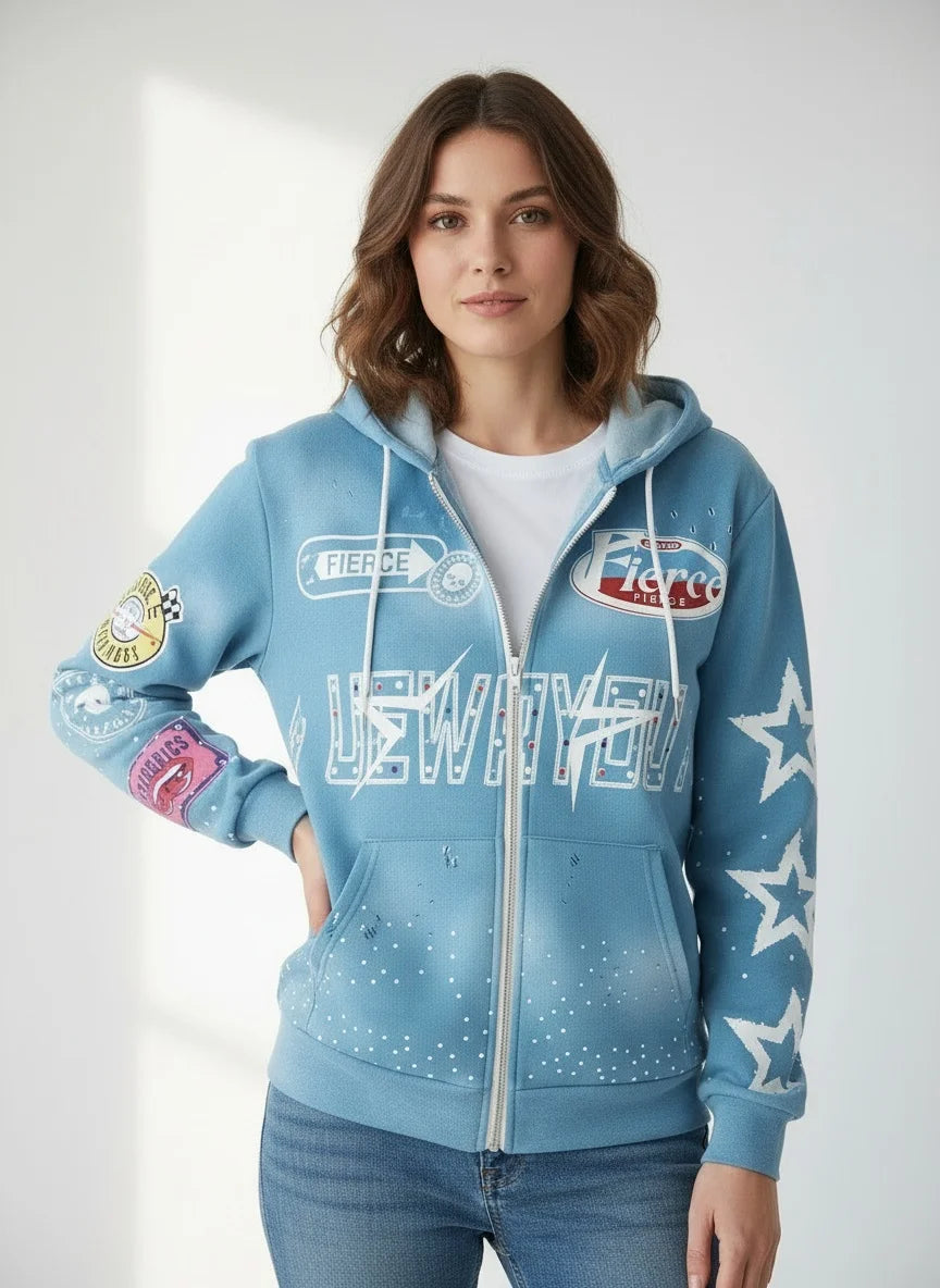 Full-printed Hooded Zipper Sweatshirt with Star Letters Loose and Casual Cardigan for Men