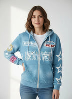 Full-printed Hooded Zipper Sweatshirt with Star Letters Loose and Casual Cardigan for Men