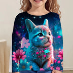 Girls Clothes for Kid Long Sleeve T-Shirt Children from 9 to 12 Years Cute Cartoon Cat Animal Printed Polyester Autumn Tee Shirt