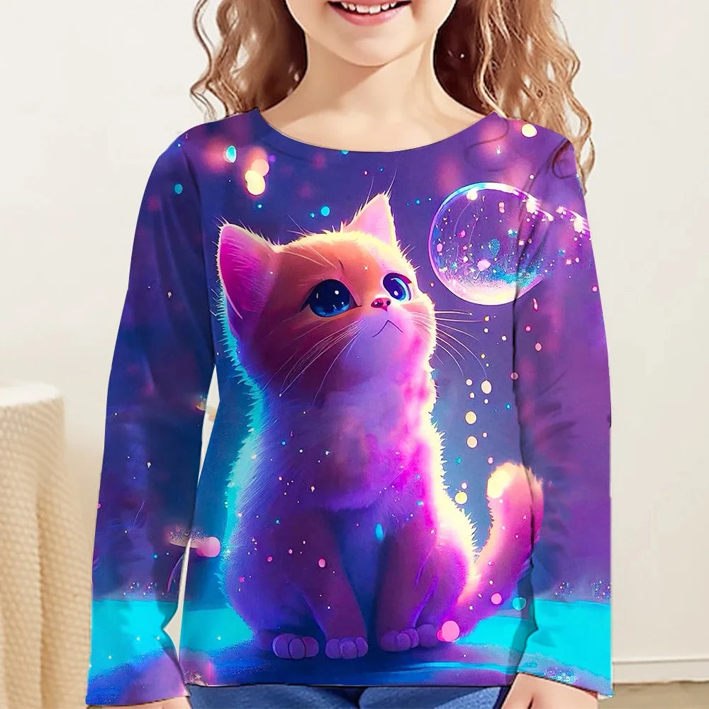 Girls Clothes for Kid Long Sleeve T-Shirt Children from 9 to 12 Years Cute Cartoon Cat Animal Printed Polyester Autumn Tee Shirt