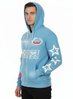 Full-printed Hooded Zipper Sweatshirt with Star Letters Loose and Casual Cardigan for Men