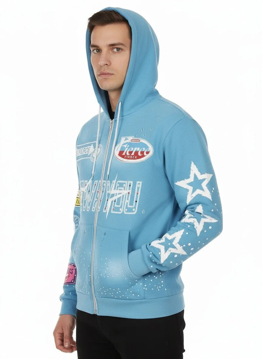 Full-printed Hooded Zipper Sweatshirt with Star Letters Loose and Casual Cardigan for Men