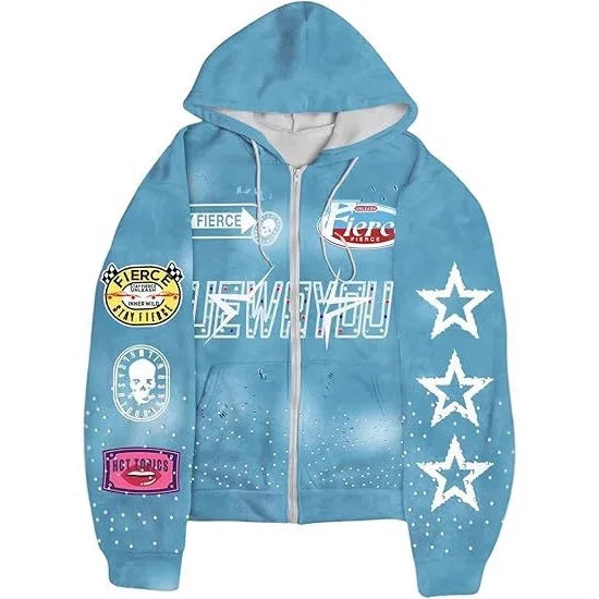 Full-printed Hooded Zipper Sweatshirt with Star Letters Loose and Casual Cardigan for Men