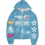 Full-printed Hooded Zipper Sweatshirt with Star Letters Loose and Casual Cardigan for Men