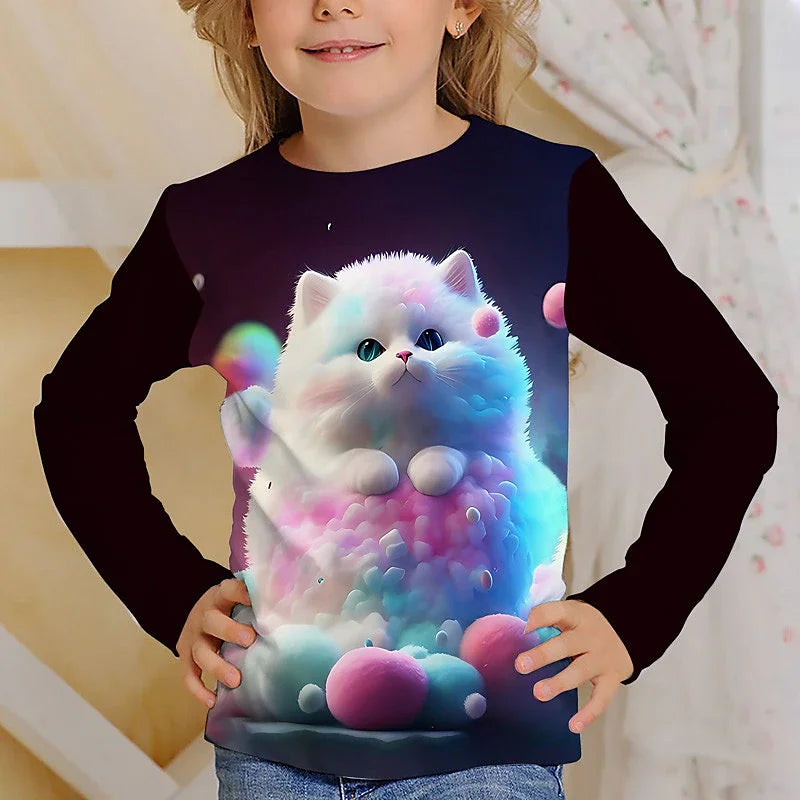 Girls Clothes for Kid Long Sleeve T-Shirt Children from 9 to 12 Years Cute Cartoon Cat Animal Printed Polyester Autumn Tee Shirt