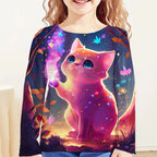 Girls Clothes for Kid Long Sleeve T-Shirt Children from 9 to 12 Years Cute Cartoon Cat Animal Printed Polyester Autumn Tee Shirt