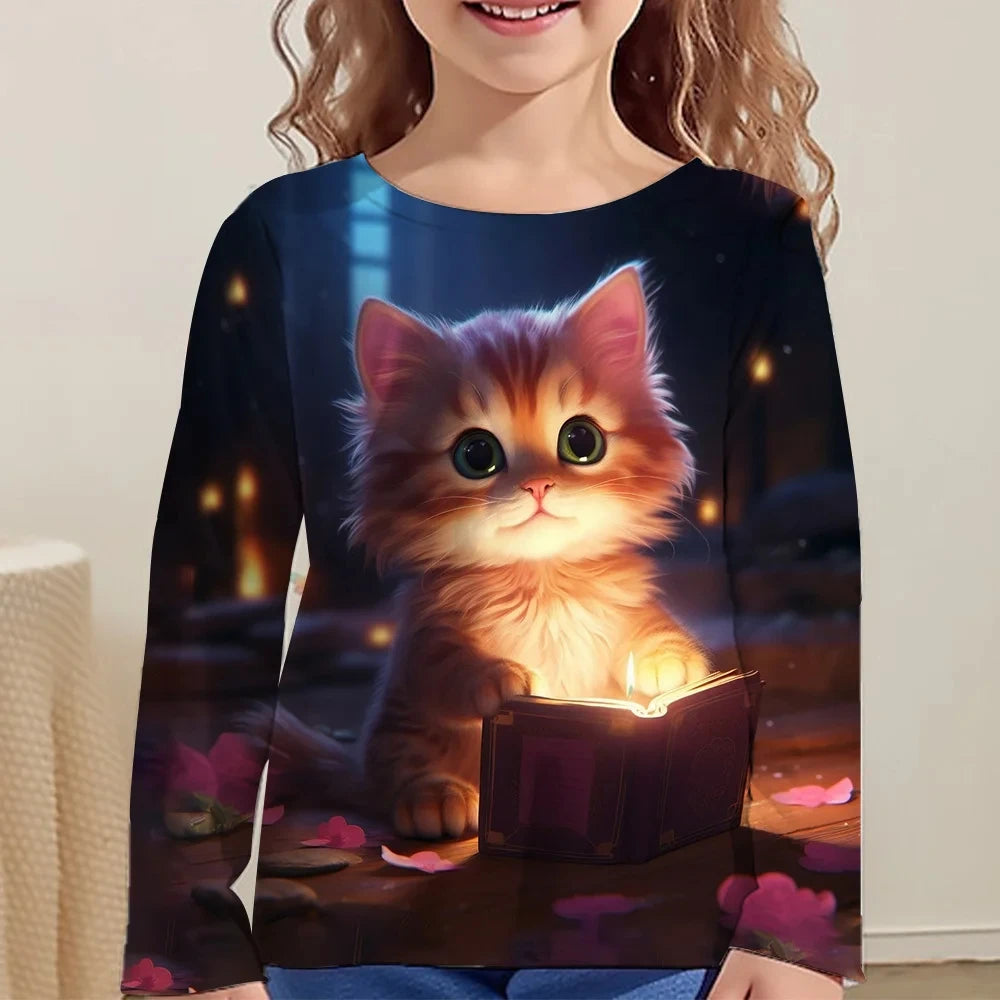 Girls Clothes for Kid Long Sleeve T-Shirt Children from 9 to 12 Years Cute Cartoon Cat Animal Printed Polyester Autumn Tee Shirt