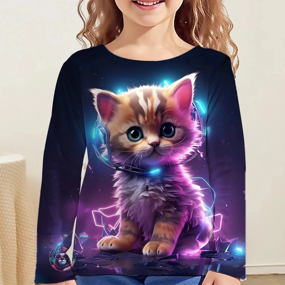Girls Clothes for Kid Long Sleeve T-Shirt Children from 9 to 12 Years Cute Cartoon Cat Animal Printed Polyester Autumn Tee Shirt