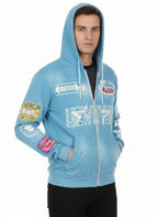 Full-printed Hooded Zipper Sweatshirt with Star Letters Loose and Casual Cardigan for Men