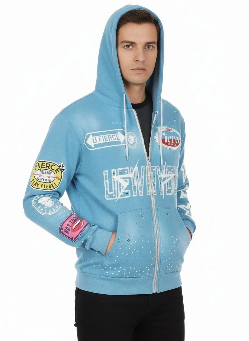 Full-printed Hooded Zipper Sweatshirt with Star Letters Loose and Casual Cardigan for Men
