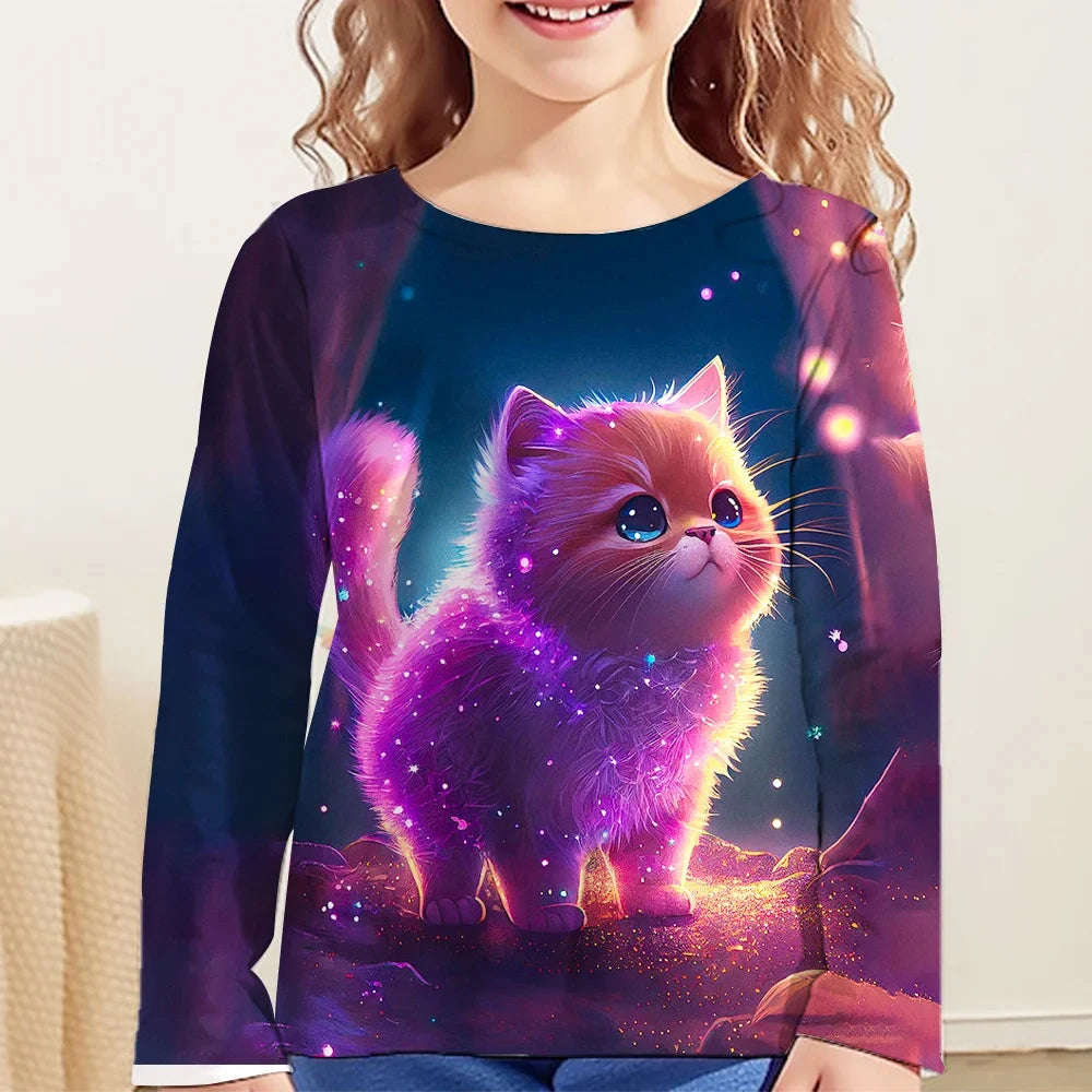 Girls Clothes for Kid Long Sleeve T-Shirt Children from 9 to 12 Years Cute Cartoon Cat Animal Printed Polyester Autumn Tee Shirt