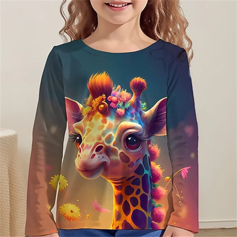 Girls Clothes for Kid Long Sleeve T-Shirt Children from 9 to 12 Years Cute Cartoon Cat Animal Printed Polyester Autumn Tee Shirt