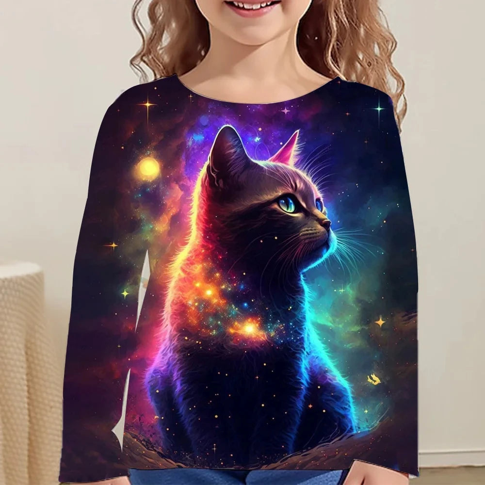 Girls Clothes for Kid Long Sleeve T-Shirt Children from 9 to 12 Years Cute Cartoon Cat Animal Printed Polyester Autumn Tee Shirt