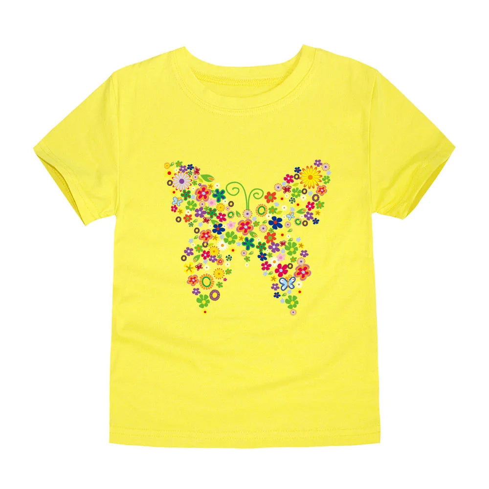Girls Clothes 2 to 3 4 5 6 7 8 9 10 11 12 13 14 Years 100% Cotton 2024 Summer T Shirts Yellow Butterfly Floral Tee Shirt Tops