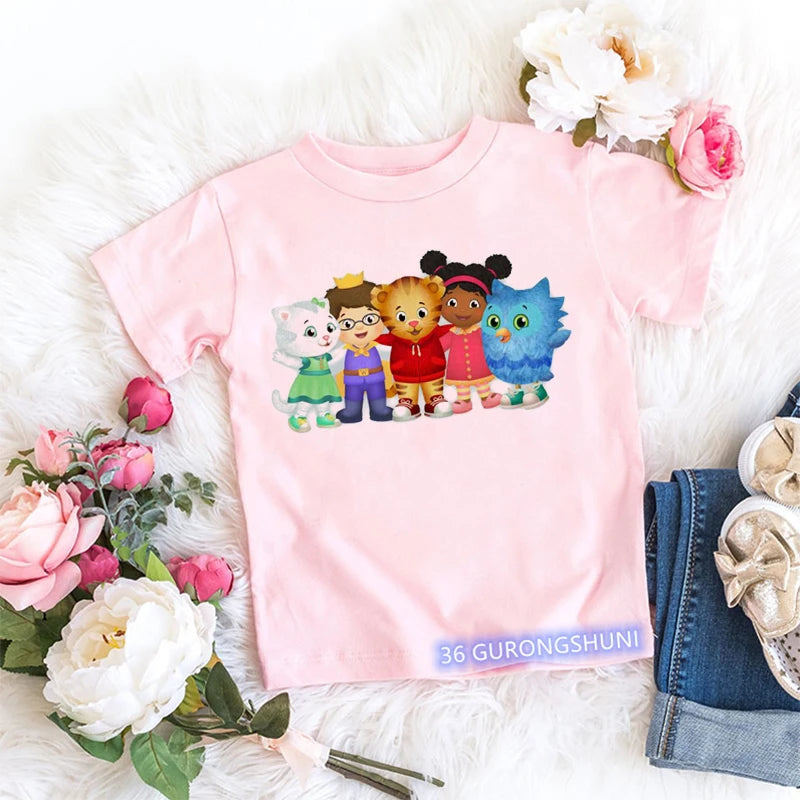 Kawaii Girls T-Shirt Funny Daniel Tiger’S Neighborhood Cartoon Print Baby Girls Clothes Fashion Children’S Tshirt Pink Shirt Top