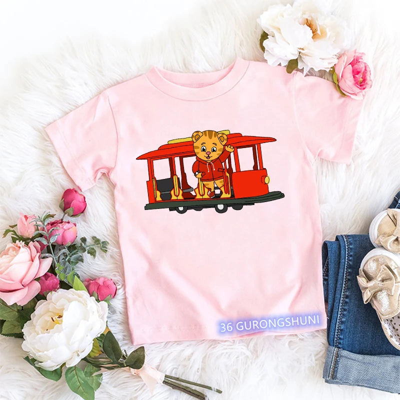 Kawaii Girls T-Shirt Funny Daniel Tiger’S Neighborhood Cartoon Print Baby Girls Clothes Fashion Children’S Tshirt Pink Shirt Top