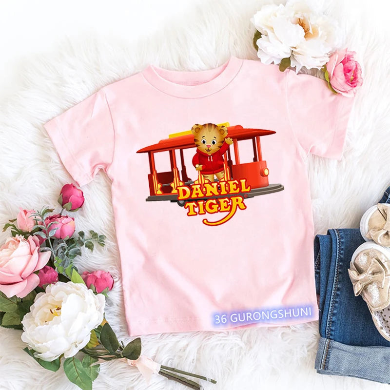 Kawaii Girls T-Shirt Funny Daniel Tiger’S Neighborhood Cartoon Print Baby Girls Clothes Fashion Children’S Tshirt Pink Shirt Top