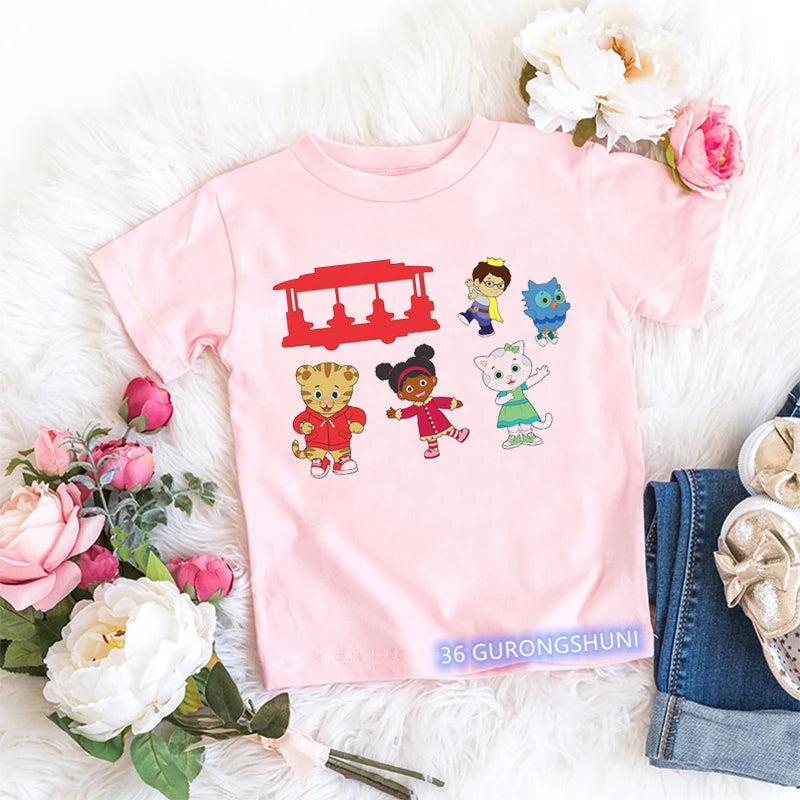 Kawaii Girls T-Shirt Funny Daniel Tiger’S Neighborhood Cartoon Print Baby Girls Clothes Fashion Children’S Tshirt Pink Shirt Top