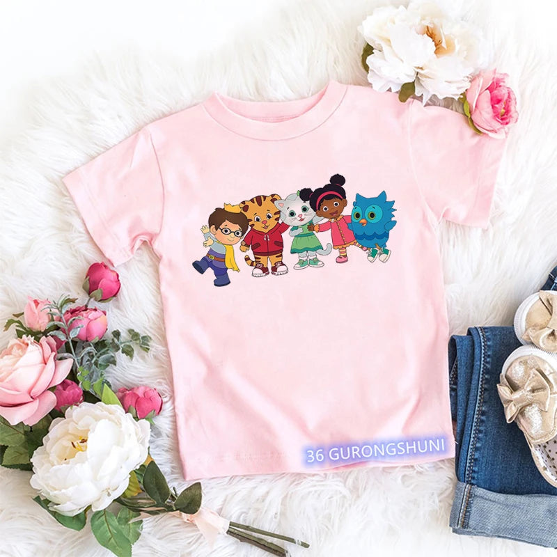 Kawaii Girls T-Shirt Funny Daniel Tiger’S Neighborhood Cartoon Print Baby Girls Clothes Fashion Children’S Tshirt Pink Shirt Top