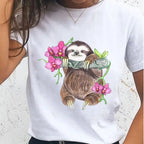 Women T-shirts Sloth Animal Lazy Flower Cute Female T Cartoon Clothes Short Sleeve Casual Fashion Lady Graphic Top Tshirt Tee