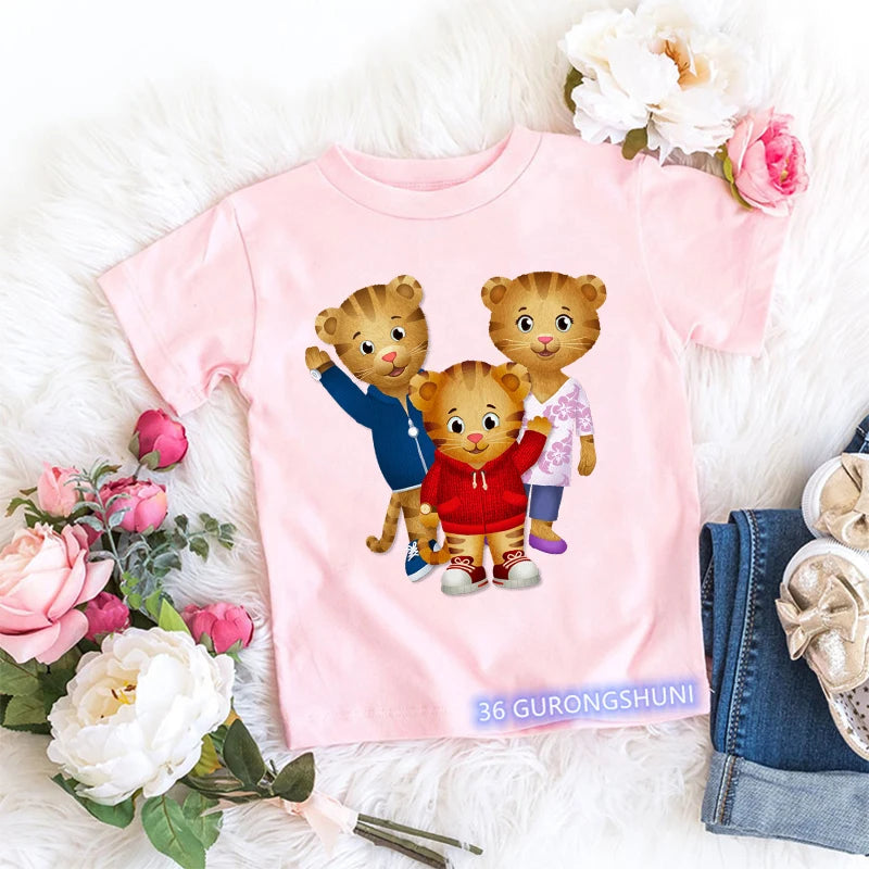 Kawaii Girls T-Shirt Funny Daniel Tiger’S Neighborhood Cartoon Print Baby Girls Clothes Fashion Children’S Tshirt Pink Shirt Top