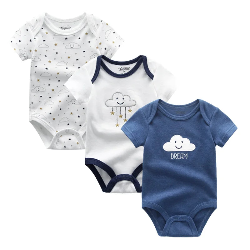 Unisex Cotton Newborn Baby Boy Clothes 3Pieces Summer 0-12M Cartoon Baby Girl Clothes Print Bodysuits Short Sleeve Bebes