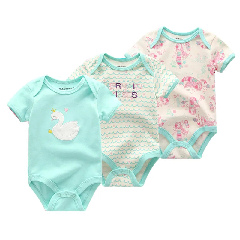 Unisex Cotton Newborn Baby Boy Clothes 3Pieces Summer 0-12M Cartoon Baby Girl Clothes Print Bodysuits Short Sleeve Bebes