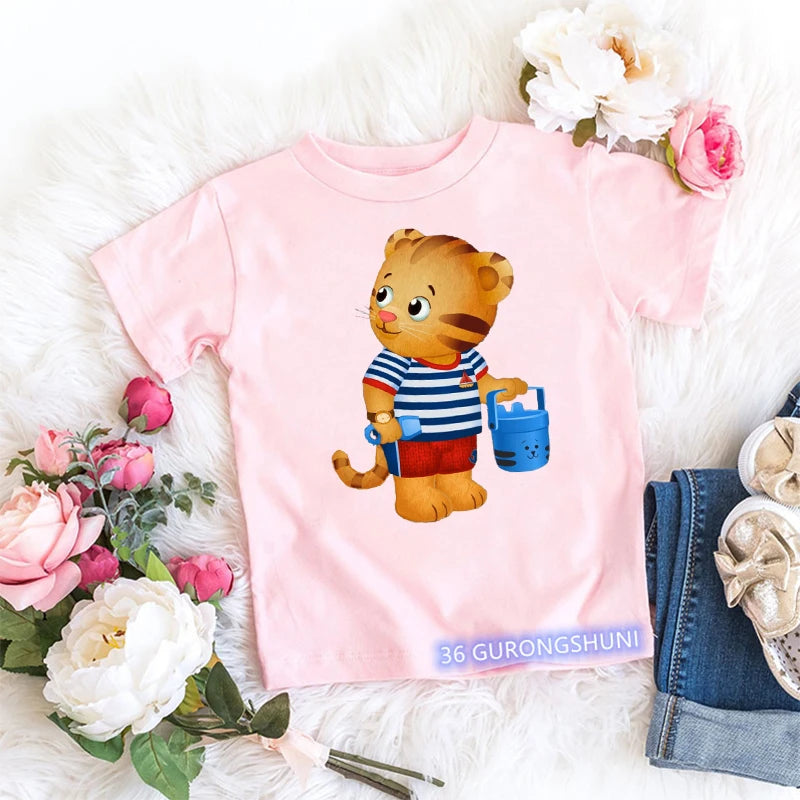 Kawaii Girls T-Shirt Funny Daniel Tiger’S Neighborhood Cartoon Print Baby Girls Clothes Fashion Children’S Tshirt Pink Shirt Top