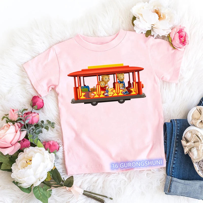 Kawaii Girls T-Shirt Funny Daniel Tiger’S Neighborhood Cartoon Print Baby Girls Clothes Fashion Children’S Tshirt Pink Shirt Top