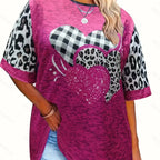 Plus size women's love printed round neck pullover T-shirt women's tops fashionable and versatile knitted tops