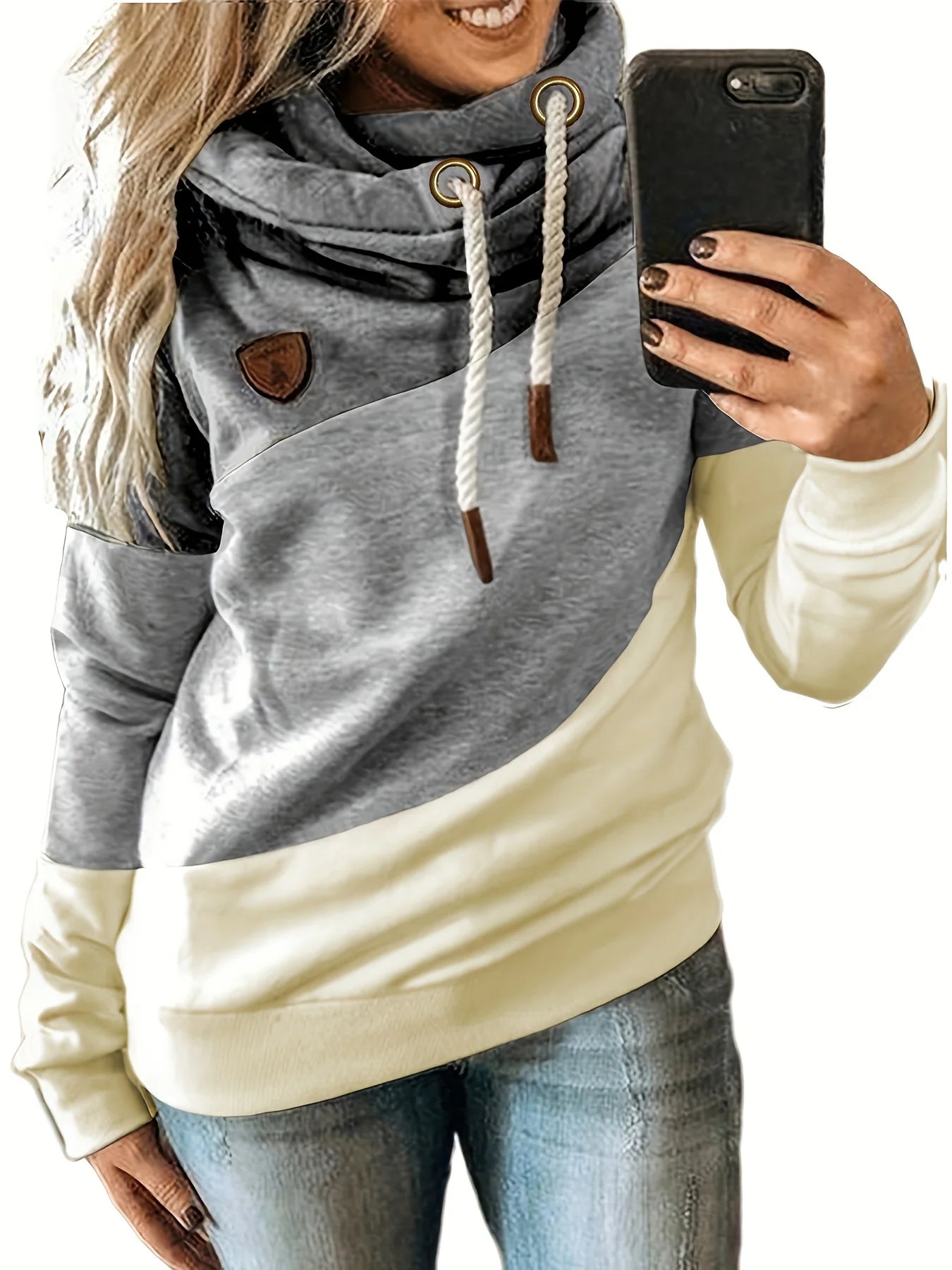 Plus Size Women's Clashing Hooded Sleeve Solid Color Casual Top