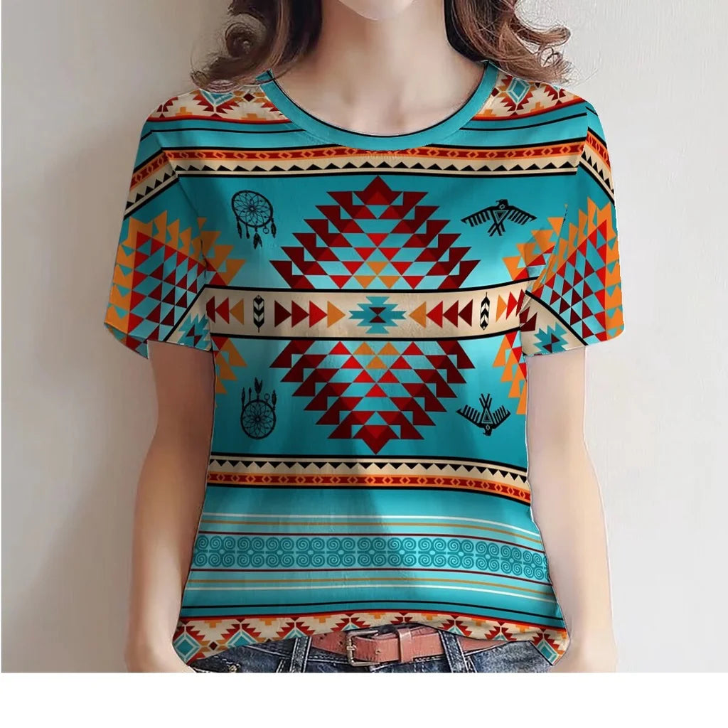 Women's T-Shirt for Women Summer Short Sleeve Loose Casual Flower Printed Top Indian Pattern Pullover T Shirts for Girls Sweater
