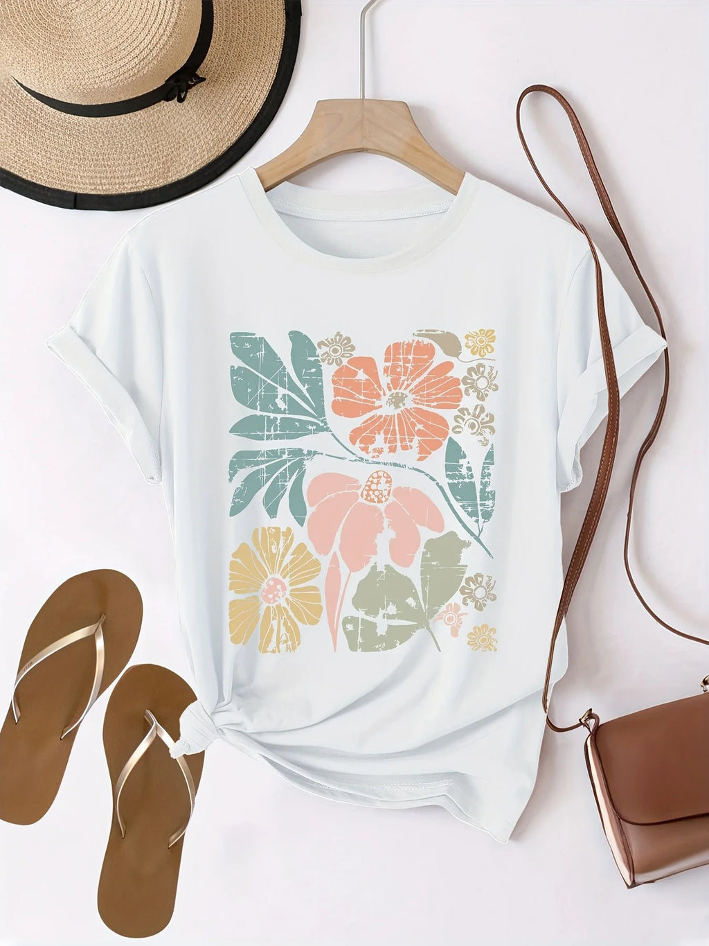 Women'S Floral Graphic Print T-Shirt Casual Crew Neck Short Sleeve Top Knit Fabric Regular Length All-Season Fashion Clothing