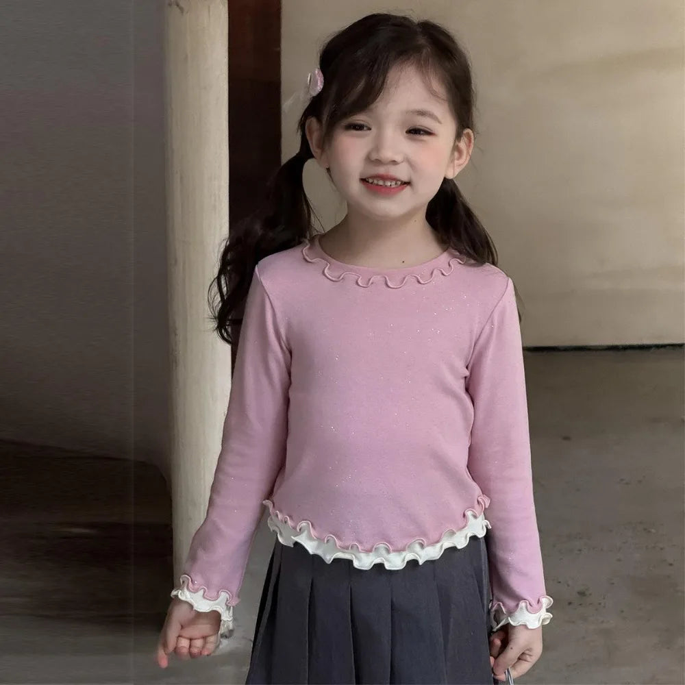 Bear Leader Spring and Autumn New Girls' Bottom Shirt Korean Edition Fashion Lace Splicing Fake Two Piece Long Sleeve T-shirt