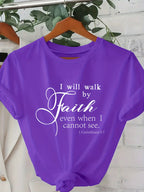 Walk By Faith Women's Tee - Bible Verse Graphic Pink Casual Top
