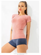 Women Yoga Shirts Sports T Shirt Summer Short Sleeve Round Neck Breathable Stretchy GYM Yoga Slim Fitness Active Top Tee