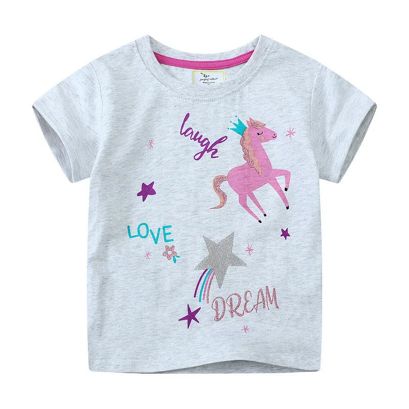 Jumping Meters 2-7T Striped Unicorn Cotton Girls T Shirts Summer Children's Clothes Short Sleeve Kids Tees Tops Baby Costume