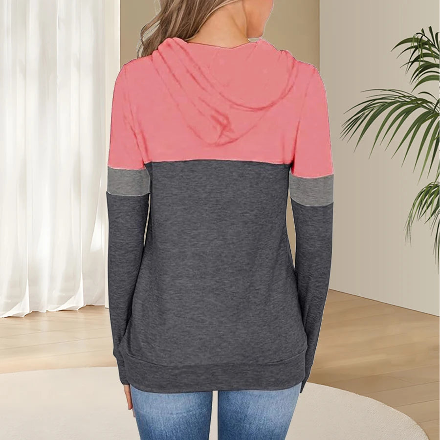 1pc Women'S Plus Size Color Block Hoodie, 95% Polyester 5% Spandex, Geometric Pattern, Slight Stretch, Knit Fabric, Hooded Pullo