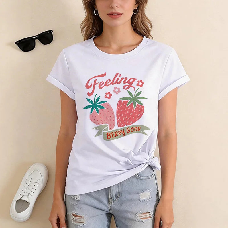 Women's Strawberry Print Graphic T Shirt Spring Summer Crew Neck Short Sleeve Tshirt for Woman Vintage Y2k Tees Tops Clothes
