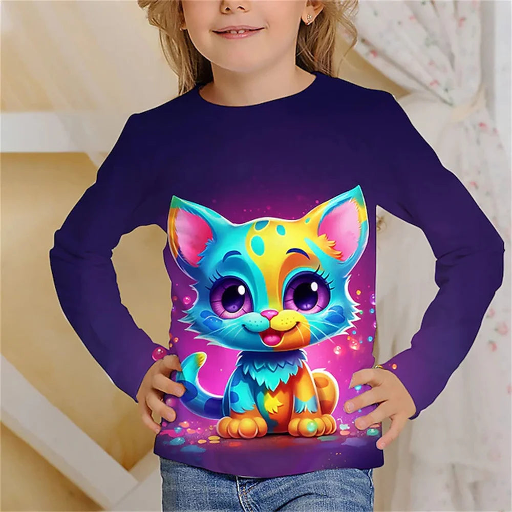 Girls Clothes for Kid Long Sleeve T-Shirt Children from 9 to 12 Years Cute Cartoon Cat Animal Printed Polyester Autumn Tee Shirt