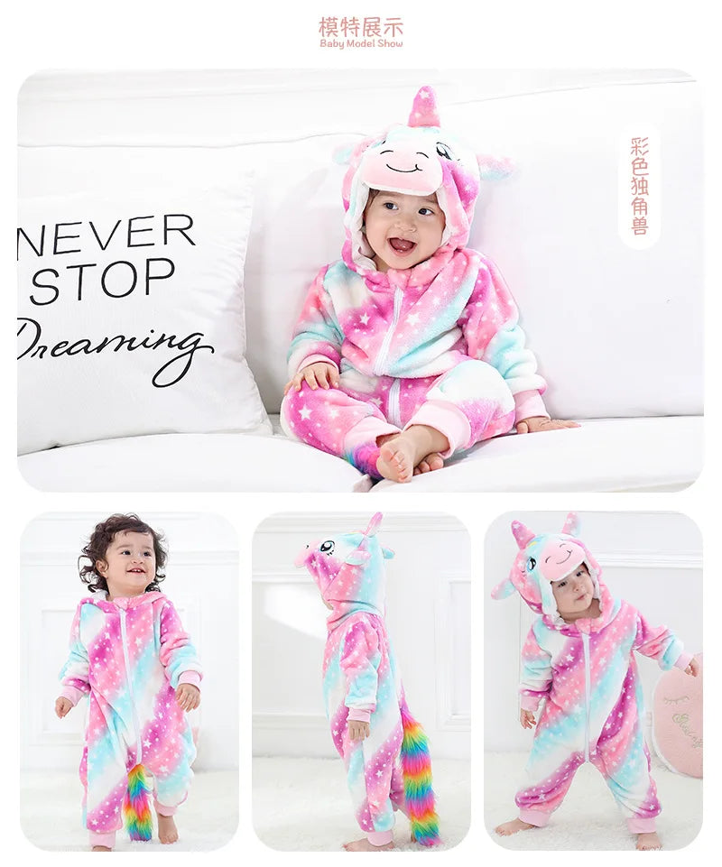 Cartoon Flannel Baby Rompers Unicorn Rabbit Dinosaur Pajamas Cotton Baby Boy Girls Animal Costume Baby Jumpsuit Kigurumi Outfits