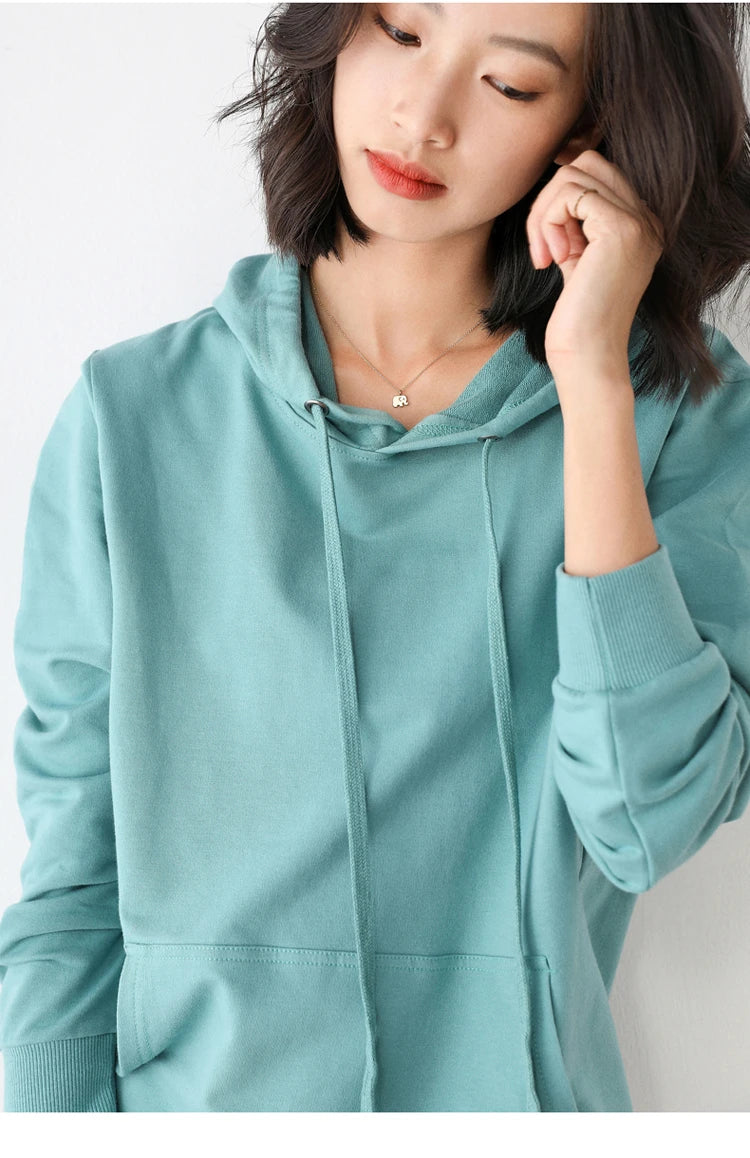 Women Hoodies 100% Cotton Spring Autumn Loose Long Sleeve Pullovers Solid Casual Ladies Outerwear Hooded Hoodie Womens Clothing
