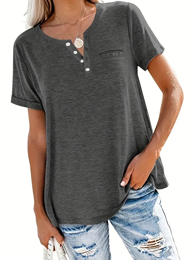 Plus Size 1XL-8XL Women's Loose Tops Ladies Casual V-neck Short Sleeve Pocket T-shirt Spring and Summer New Style