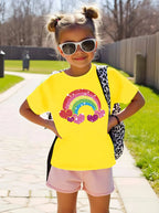 2026 Summer Fashion Girls' Pure Cotton Round Neck Short Sleeve Rainbow Heart Print T-Shirt Casual Versatile Top Trendy Clothing